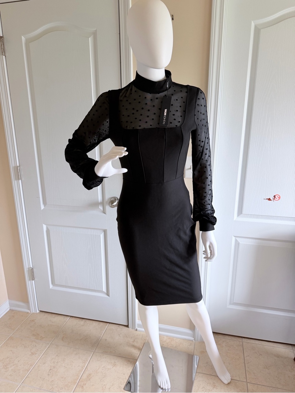 NWT Fashion Nova Come My Way Black Sheer Polka Dot Mesh Long Sleeve Midi Dress